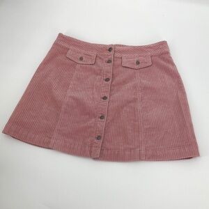 H & M Divided Dusty Pink Corduroy Button Down Skirt Faux Pockets Size 12